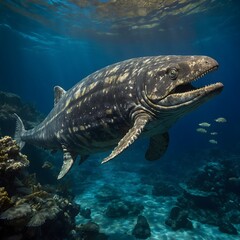 Fototapeta premium Ichthyosaur Surrounded by Ammonites and Jellyfish