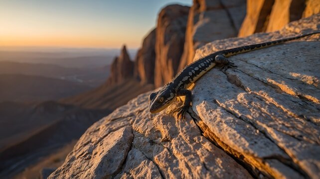 Early Diapsid Reptile Climbing Jagged Rock Face at Sunset