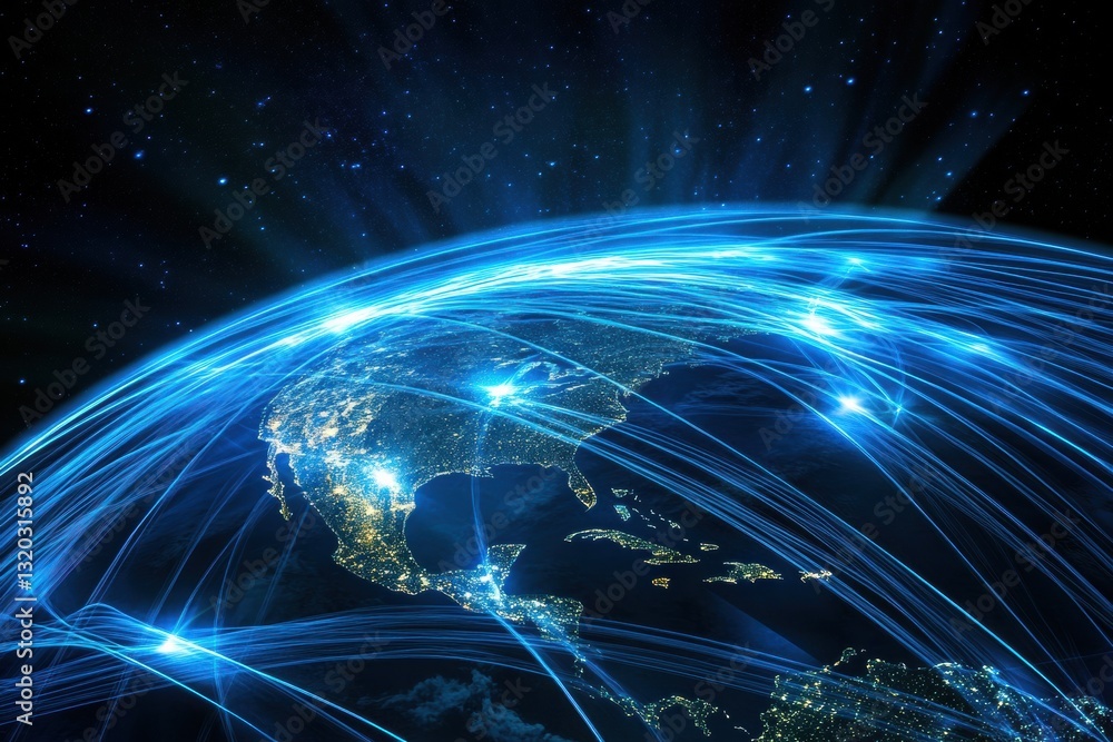 Aufkleber night view of planet earth showcasing light lines representing global communication networks and con