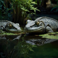 Fototapeta premium Group of Diapsid Reptiles in Prehistoric Swamp