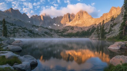 Fototapeta premium Sunrise mountain lake reflection mist. AI generated