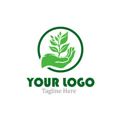 Modern Logo. Of a green hand holding a green plant in a circle.