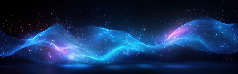 Abstract Geometric Shapes with Neon Gradient, Swirling Symbols in Glowing Blue and Green on Dark Navy Background