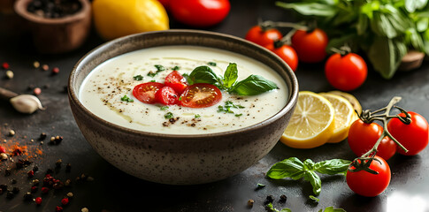 Creamy Delight: A close-up shot of a bowl of creamy soup, beautifully garnished with fresh ingredients like cherry tomatoes and basil, evoking a sense of warmth and culinary expertise.