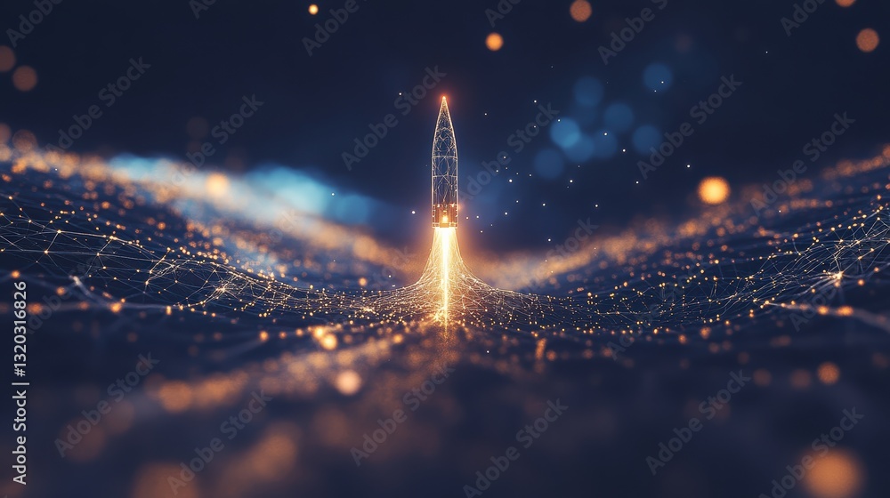 Poster futuristic rocket launching through digital network with stars and light particles in space environm