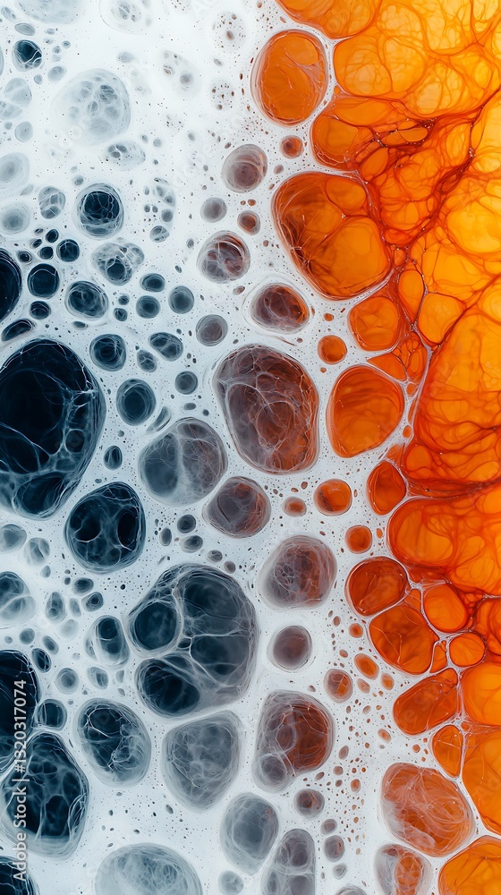 Poster a vibrant abstract image showcasing bubbles and fluid patterns in contrasting colors of orange and b