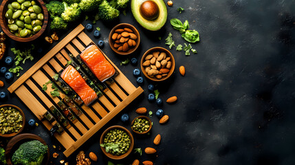 Culinary Harmony: An appetizing arrangement of wholesome food elements is arranged on a rustic wooden platter, including salmon, avocado, broccoli, and various nuts.