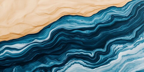 Obraz premium An abstract image showcasing flowing waves of blue and turquoise against a sandy background, evoking a sense of tranquility and natural beauty.