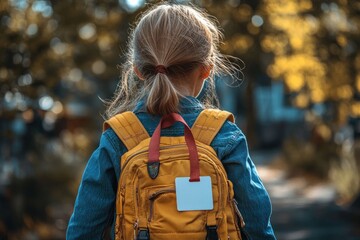 Child with Blank Name Tag Wearing Blue Shirt and Yellow Backpack in Outdoor School Setting