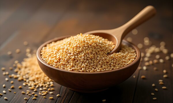 A bowl of sesame seeds with spoon.
