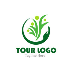 Modern Logo. That shows a hand holding a green plant with four green people shapes.