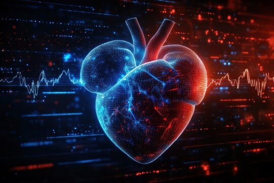 Futuristic Digital Illustration of a Human Heart with Neon Pulse Line and Holographic Data Waves
