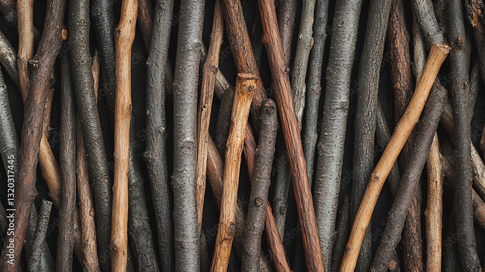 Poster a close-up image of assorted twigs and branches arranged closely, showcasing their varied textures a