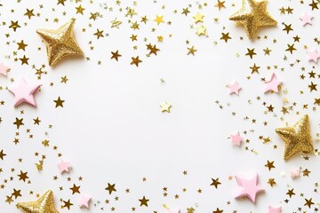 Festive star decorations on a white background create a celebratory atmosphere