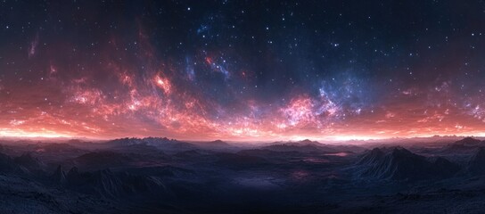 Naklejka premium Alien Planet Landscape, Starry Night Sky, Mountain Range