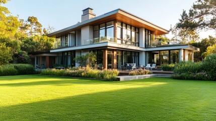 Fototapeta premium Modern house with clean lines, surrounded by lush greenery and soft natural light, embodying simplicity and harmony. 