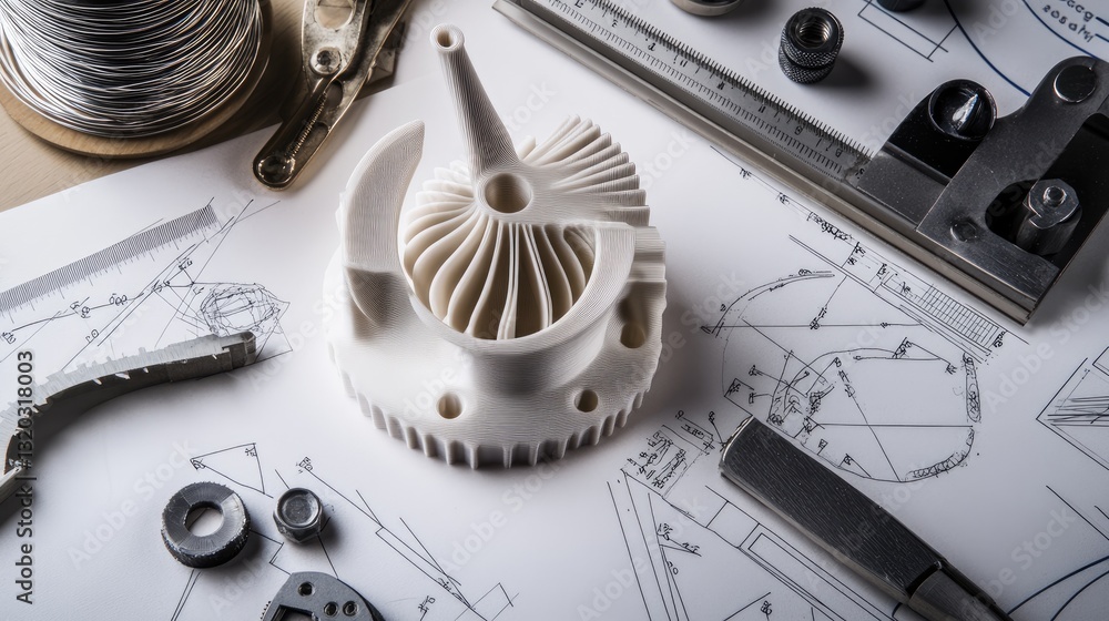 Poster d-printed mechanical part on a desk with technical schematics and measuring instruments.