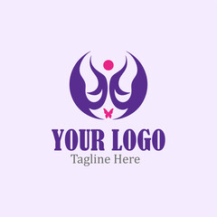 Obraz premium Modern Logo. With a purple stylized butterfly and a pink dot. 