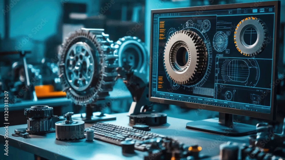 Poster d model of an advanced mechanical system displayed on a futuristic engineering workstation.