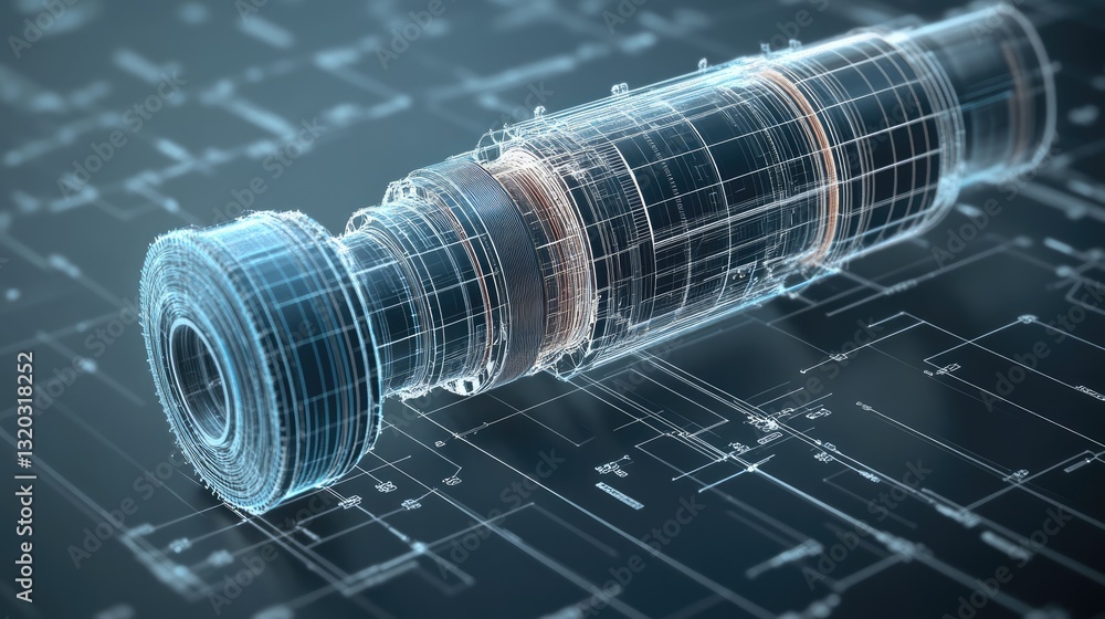 Aufkleber d model of an advanced mechanical system displayed on a futuristic engineering workstation.