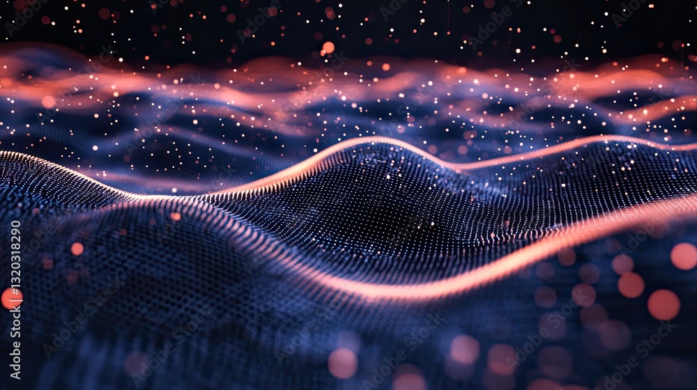Poster 3d abstract digital wave with floating particles, a futuristic concept with glowing dots
