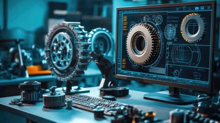 D model of an advanced mechanical system displayed on a futuristic engineering workstation.