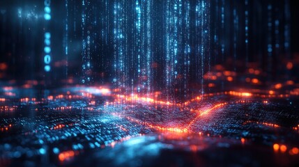 Fototapeta premium Futuristic Blue Matrix Background with Falling Binary Code and Digital Technology Stream Illustration