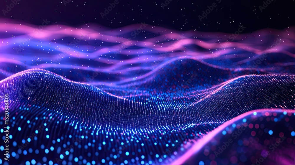 Poster 3d abstract digital wave with floating particles, a futuristic concept with glowing dots