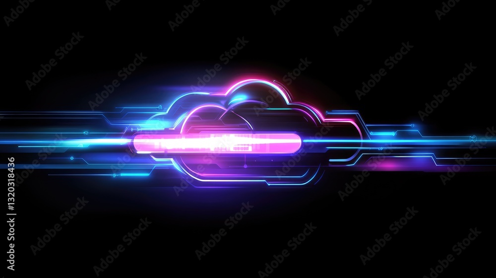 Poster abstract digital cloud computing interface with interconnected nodes and data flow graphics.