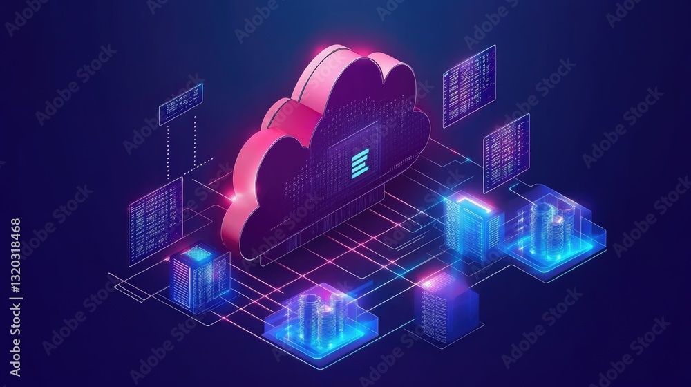 Poster abstract digital cloud computing interface with interconnected nodes and data flow graphics.