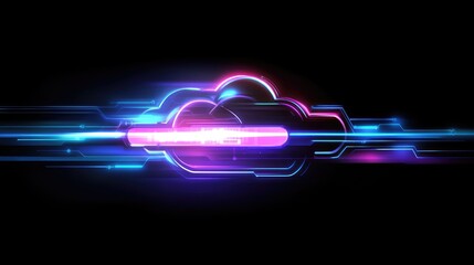Abstract digital cloud computing interface with interconnected nodes and data flow graphics.