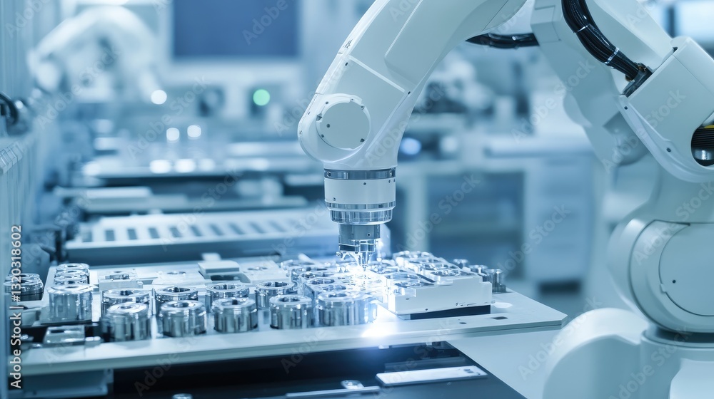 Poster advanced robotic system assembling precision mechanical parts in an automated lab.