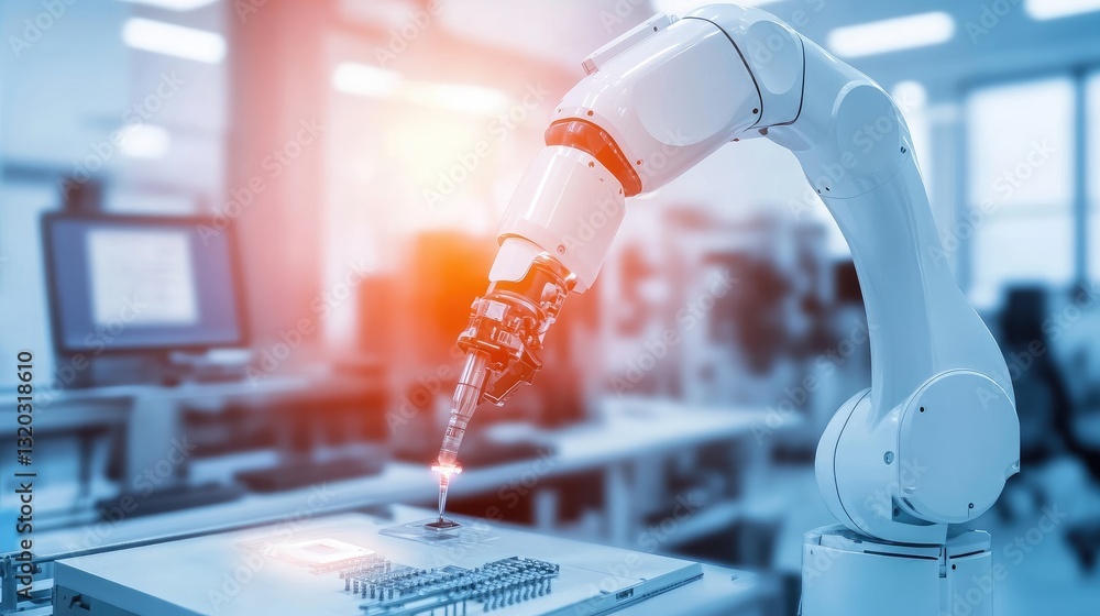 Poster advanced robotic system assembling precision mechanical parts in an automated lab.
