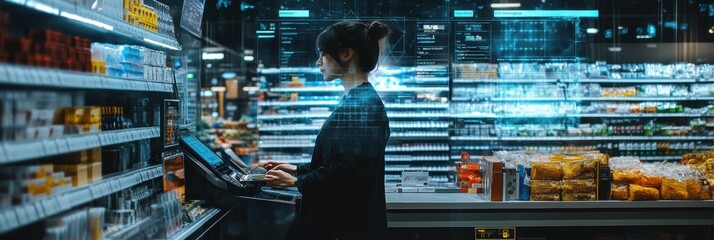 Supermarket cashier using automated checkout technology in a modern retail environment