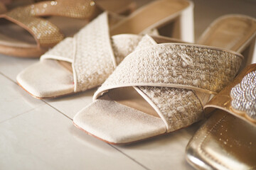 Elegant dress shoes arranged neatly on a display surface