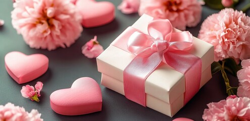 Romantic Gift Box with Pink Ribbon and Heart-Shaped Boxes on Pastel Background