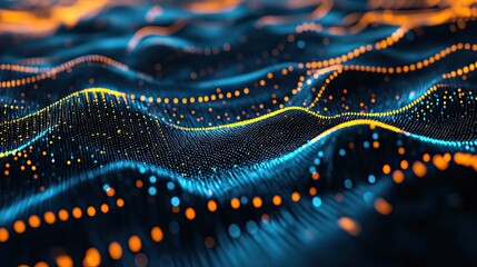 Abstract 3D grid of moving dots forming a futuristic wave, cyber aesthetic design