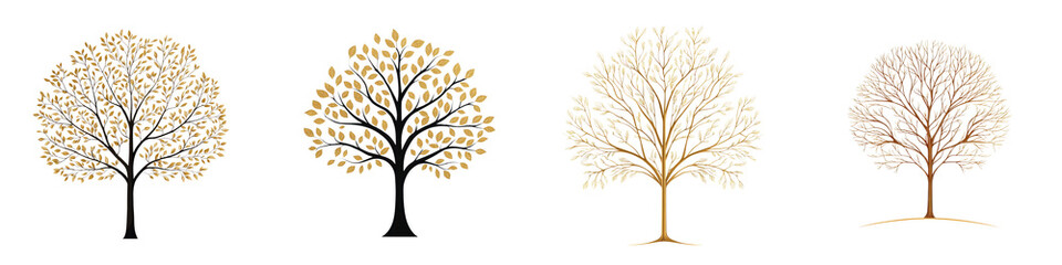 Obraz premium This set of stylized autumn tree features a collection of minimalist abstract and geometric depictions of trees in various stages of seasonal foliage The trees are rendered in warm