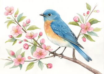 Watercolor Illustration of a Bluebird with Flowers