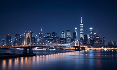 Obraz premium A cityscape of New York City with the Brooklyn Bridge at night.