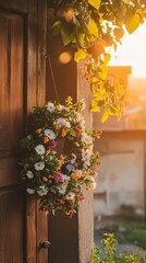 Fototapeta premium Beautiful Colorful Floral Wreath Hanging on Rustic Wooden Door Outdoors at Sunset