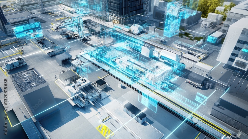Poster automated factory floor with conveyor belts and robotic systems powered by electrical control panels