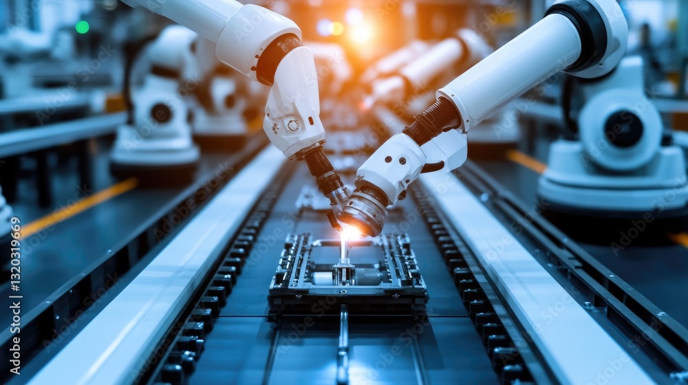 Poster automated factory floor with robotic machinery assembling mechanical components.