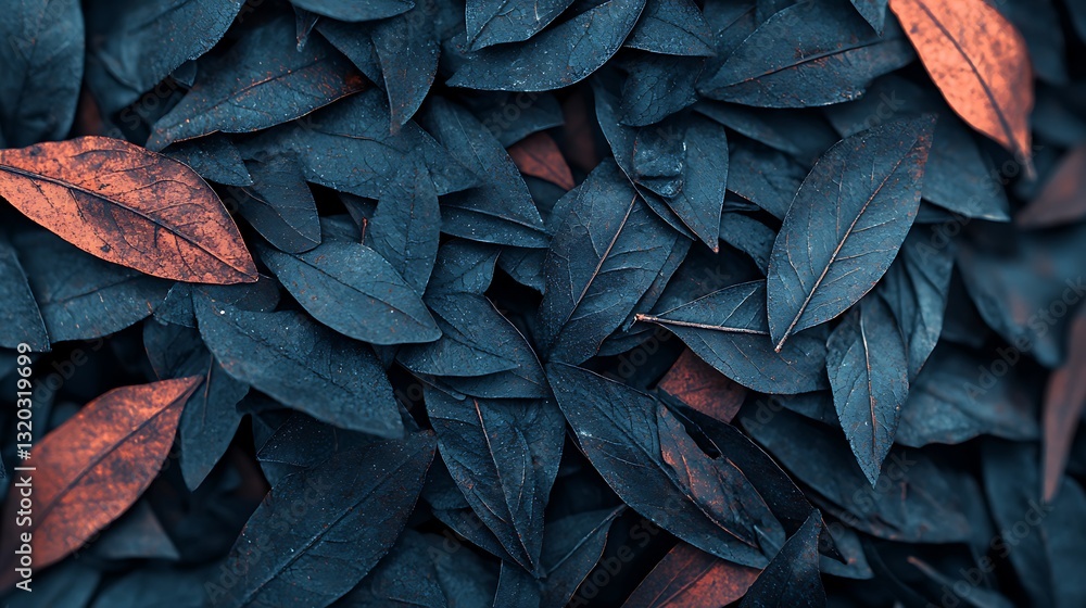 Poster a close-up view of dark and vibrant leaves, with some showcasing shades of orange, creating an intri