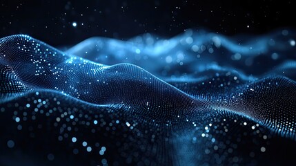 Abstract 3D wave of particles and dots, illuminated in blue on a dark futuristic background