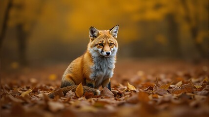 A close up of a red fox sitting on fall leaves.