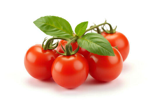 Fresh cherry tomatoes with Sweet basil leaves, isolated on white background.
