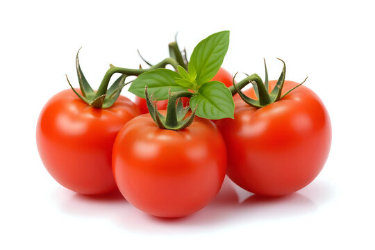 Fresh cherry tomatoes with Sweet basil leaves, isolated on white background.