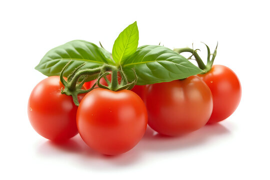 Fresh cherry tomatoes with Sweet basil leaves, isolated on white background.