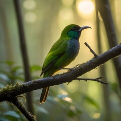 Obraz premium Leafbird Perched at Dawn in a Misty Forest, Surrounded by Soft Light